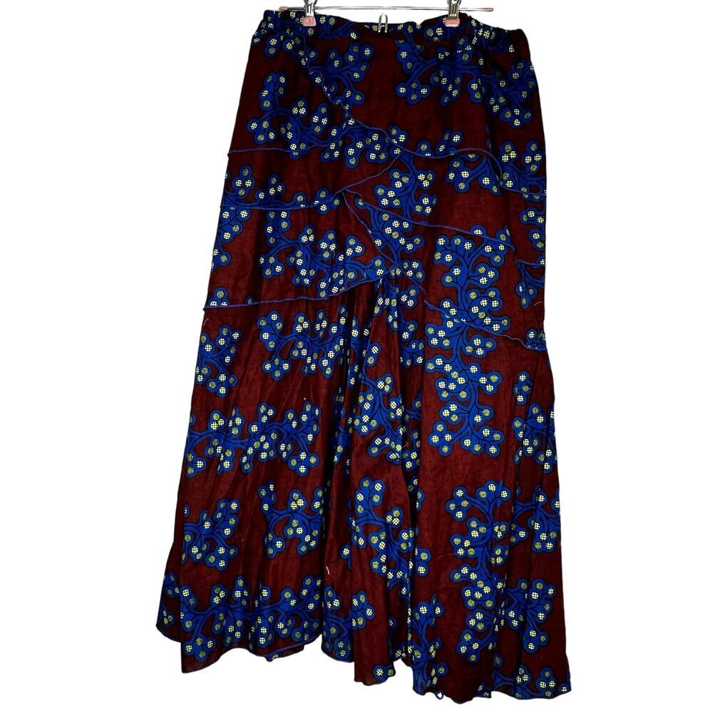 Vintage Tiered Ruffle Brown and Blue Boho Botanical Midi Skirt